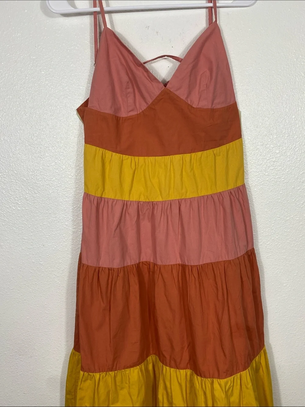 Tiered Colorblock Maxi Dress - Pink, Coral & Yellow Size L 100% Cotton